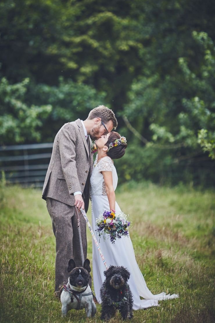 bride and groom portrait photography with their dogs at West Town Farm barn wedding in devon