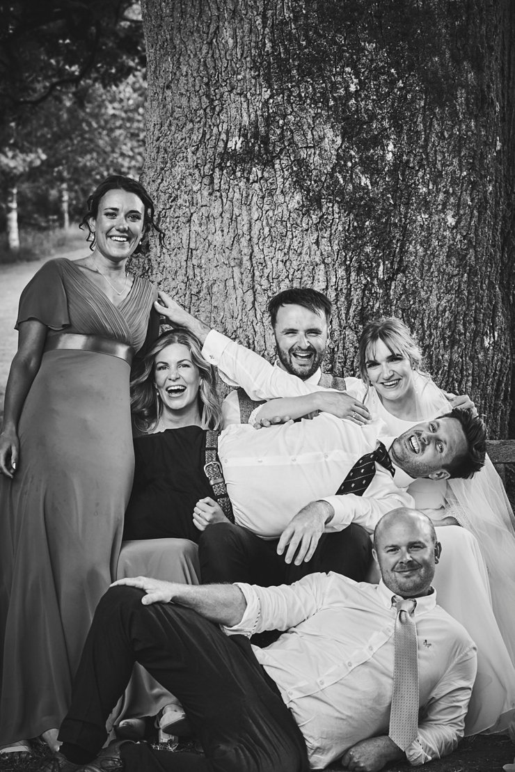 fun group photo burrow farm gardens wedding Devon