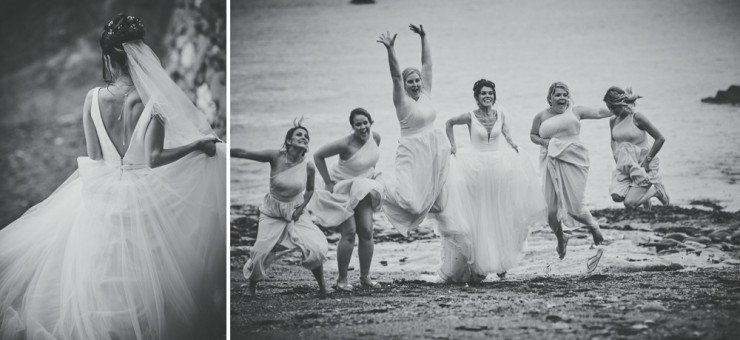 bride and bridesmaids having fun at tunnels beaches in devon