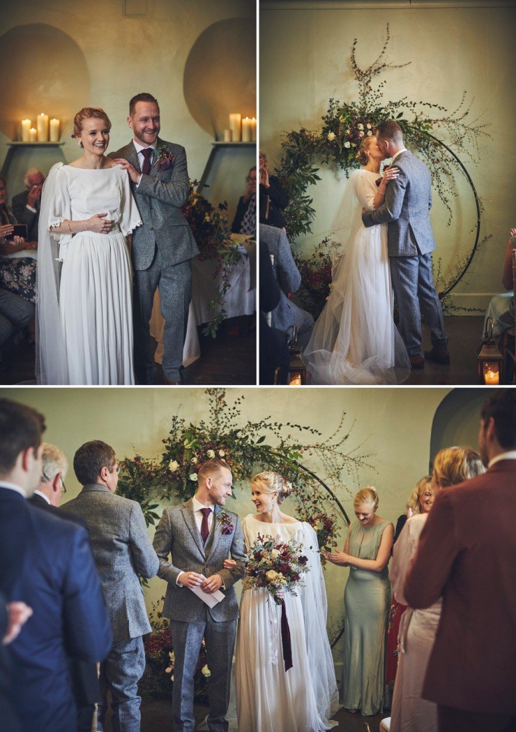 candid wedding photography of an Autumn wedding ceremony in the barn at Hotel Endsleigh in Devon