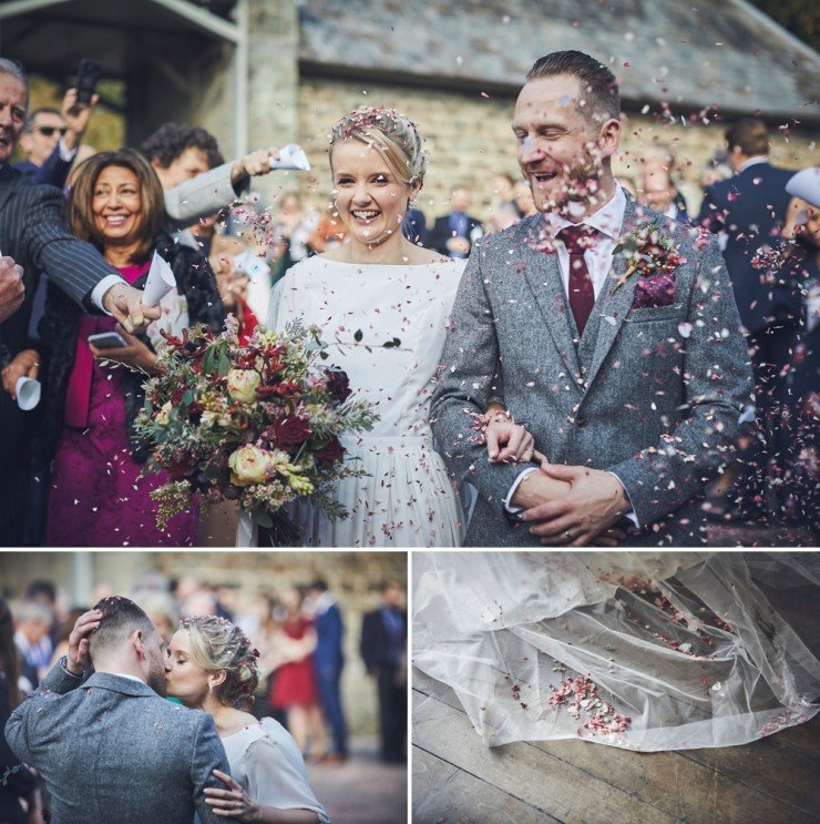 Devon team of two wedding photographers capture confetti throw at an Autumn wedding in the barn at Hotel Endsleigh in Devon