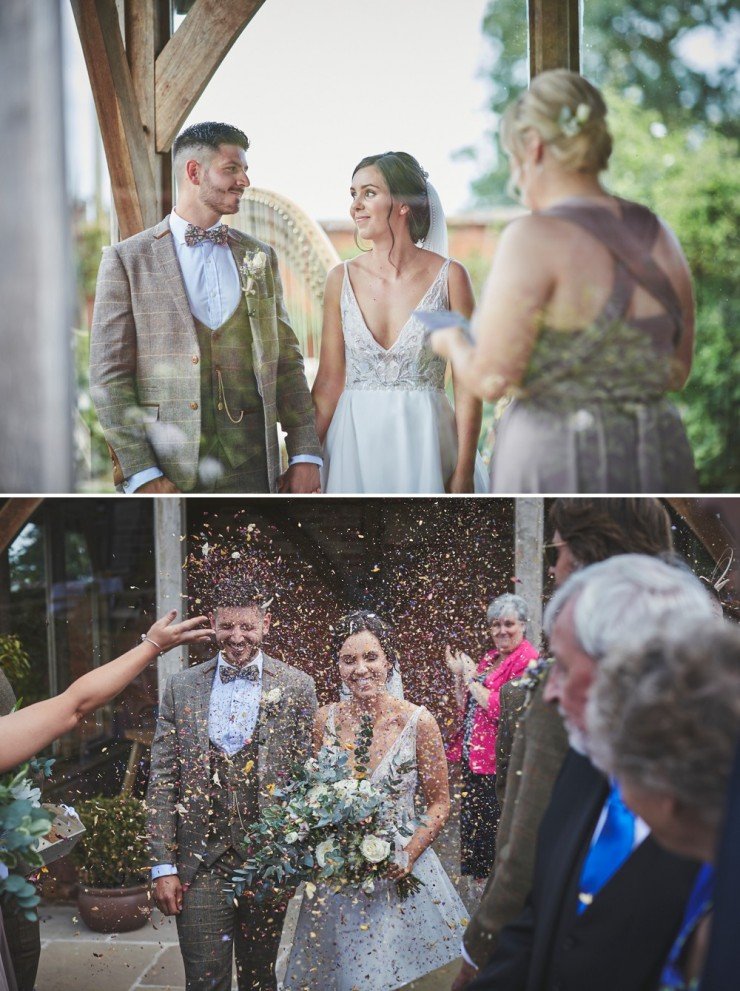 bride and groom during wedding ceremony and confetti throw at upton barn and walled garden Devon