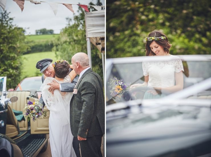 wedding photography of grandad and bride embracing at West Town Farm in Devon