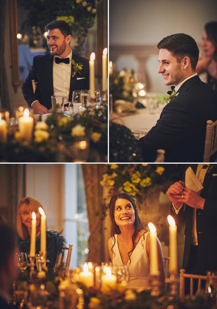 relaxed wedding photography of guests laughing during speeches at intimate winter wedding at Rockbeare Manor in Devon
