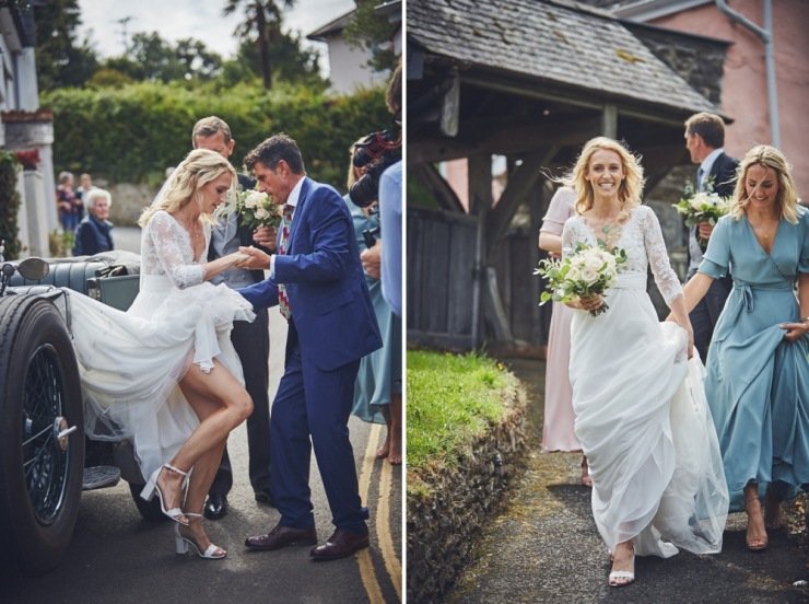 reportage wedding photography of brides arrival to the church in Devon