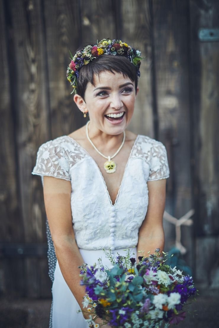 close up of bride laughing at Devon wedding at West Town Farm