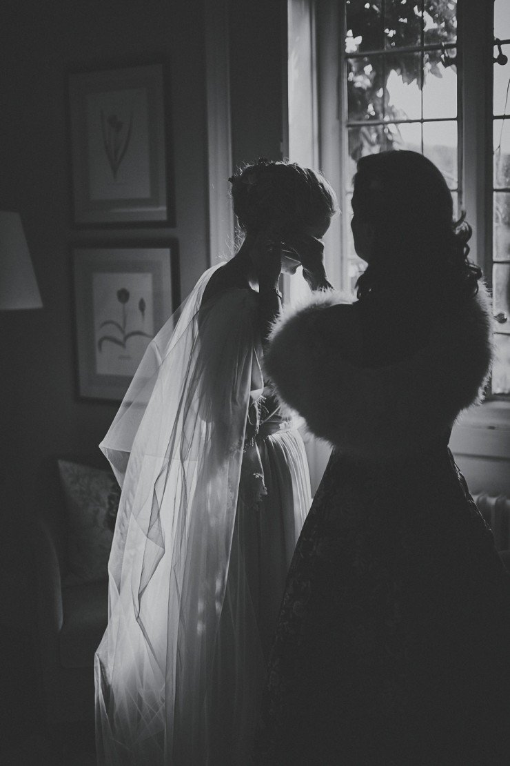 black and white portrait photography of stunning bride getting ready for her wedding at Hotel Endsleigh in Devon