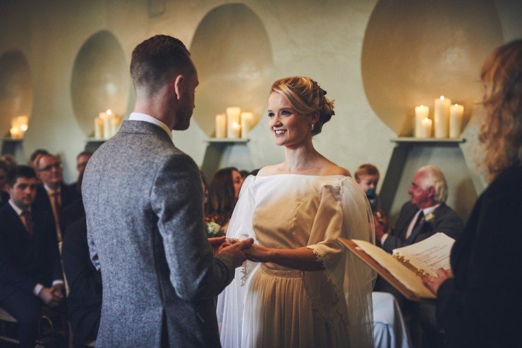 reportage wedding photography of bride and father before the wedding ceremony at Hotel Endsleigh in Devon