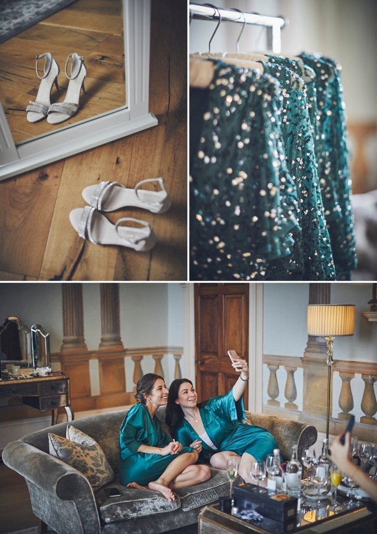 bridesmaids taking selfie and bridal shoes ready for micro wedding in Devon