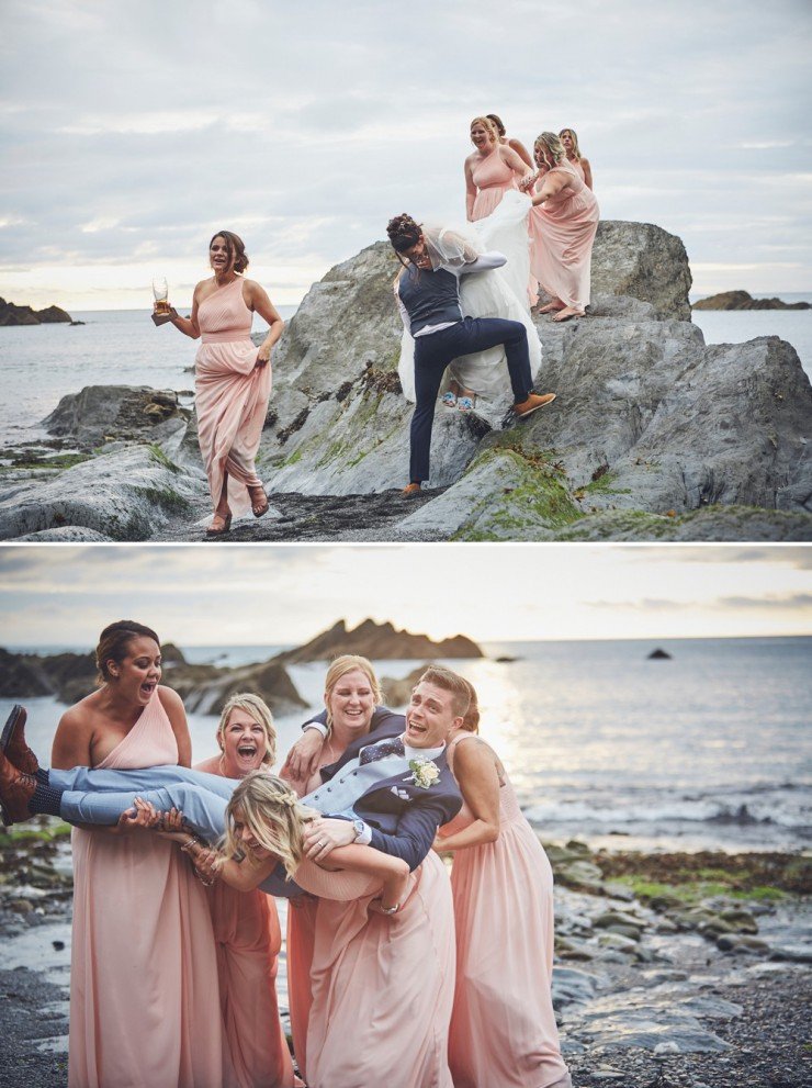 bridal party having fun at tunnels beaches in devon