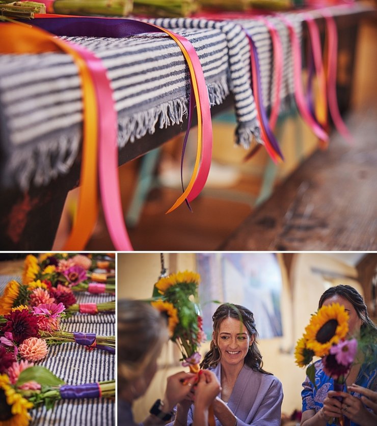 Home made bouquets at boho wedding at Hayne, Devon