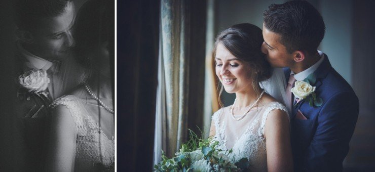 portrait wedding photography of bride and groom with reflection in mirror at a wedding at Rockbeare manor in Exeter devon