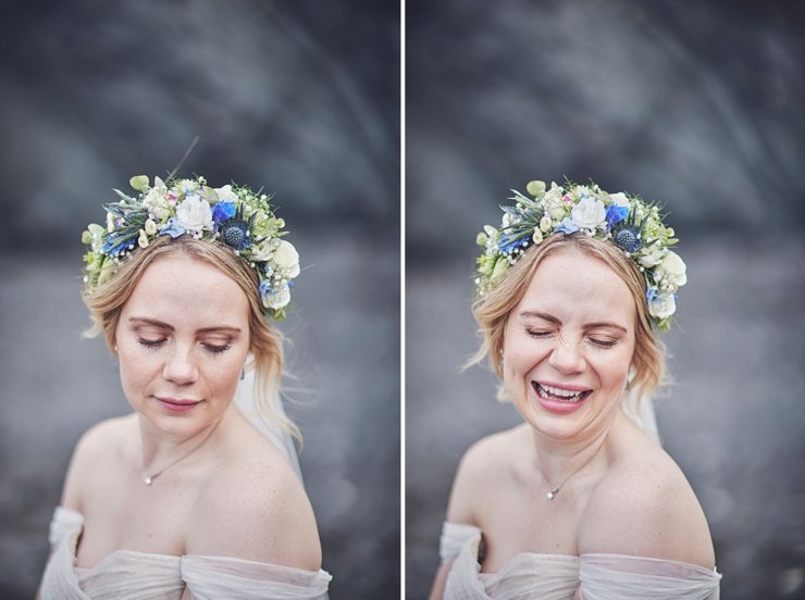 bride with flower crown at tunnels beaches Devon