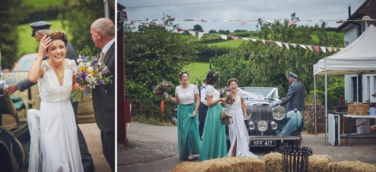 wedding photography of bride and dad with vintage wedding car at West Town Farm barn venue in Exeter