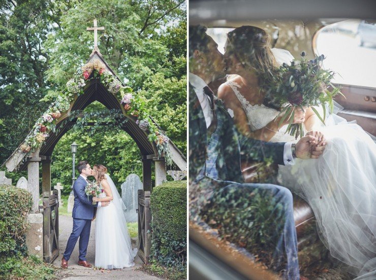 newly married couple kissing under lych gate of Devon church and in back of vintage car
