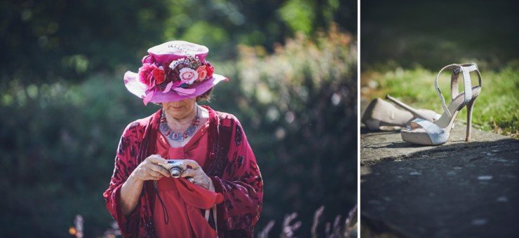 documentary wedding photography from team of two in devon showing guests shoes taken off and guest in pink floral hat