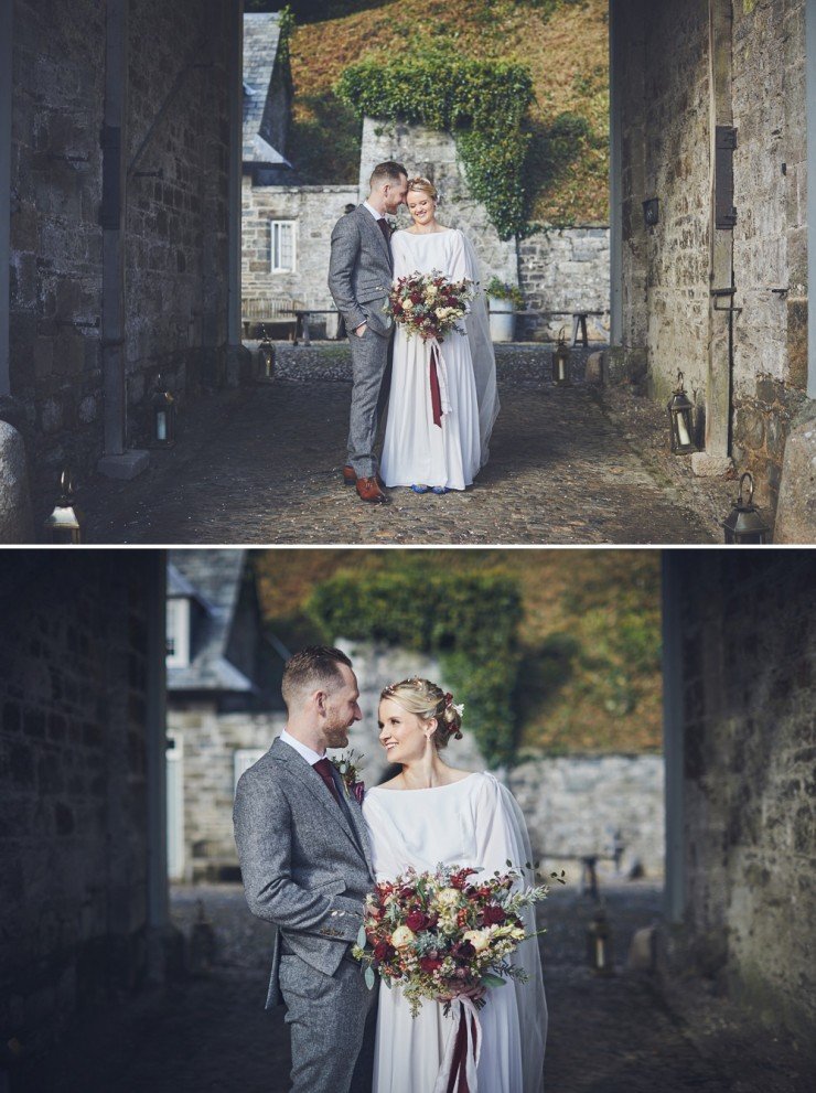 relaxed, creative wedding photographer takes portraits of bride and groom at their Autumn wedding at Hotel Endsleigh in Devon