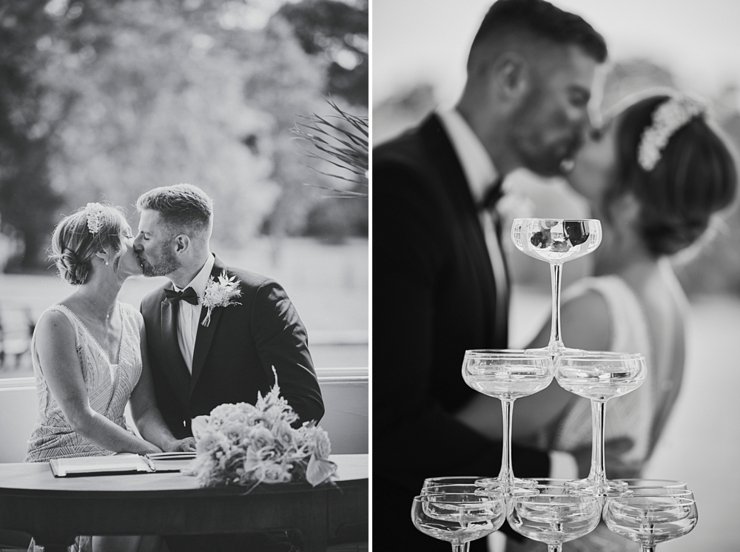 couple kiss and champagne fountain rockbeare manor