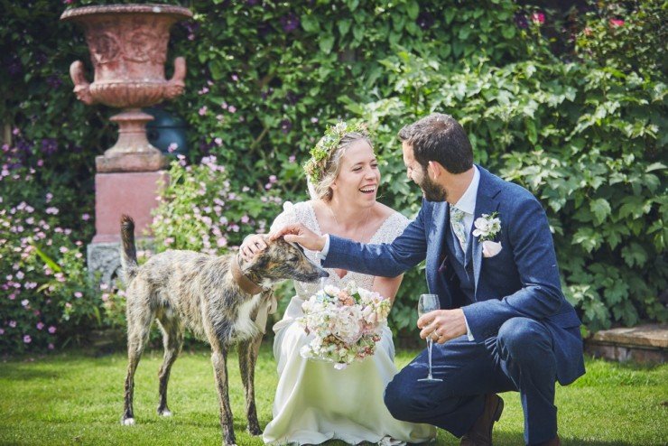 relaxed photography of a marquee country wedding in Devon with couple and their whippet dog