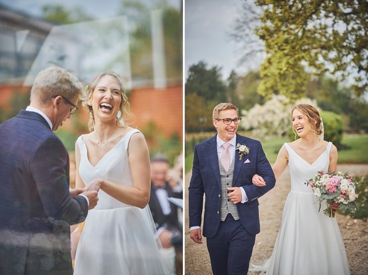 bride and groom laughing at Upton Barn and walled garden in Devon