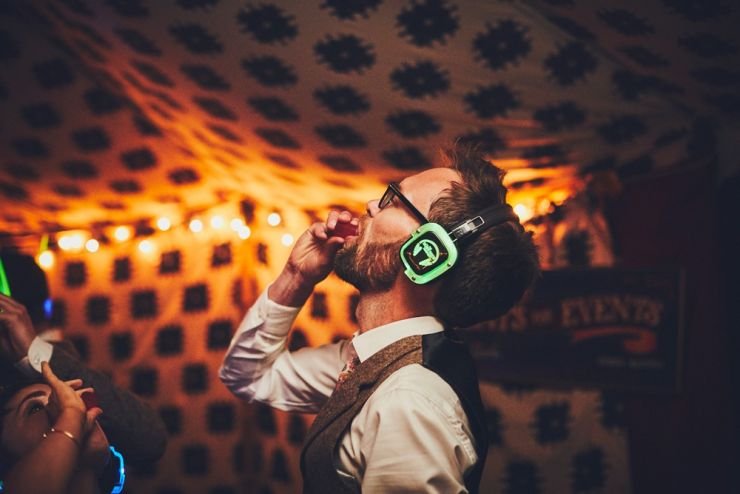 reportage wedding photography of bride and groom's disco at West Town Farm
