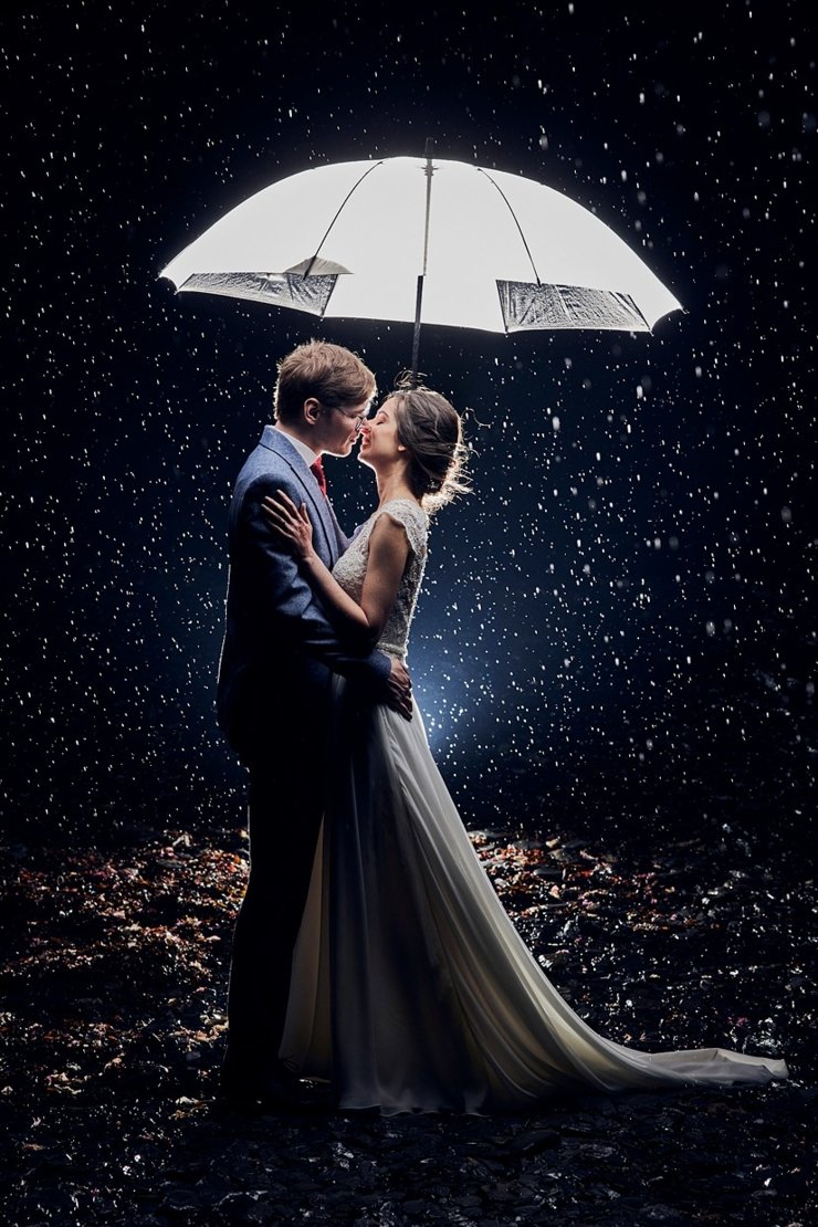 Wedding couple kissing under umbrella on a rainy night