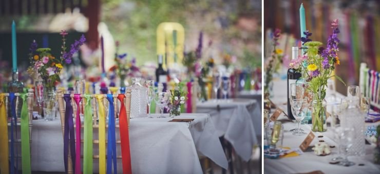 colourful table styling and flowers at West Town Farm barn wedding