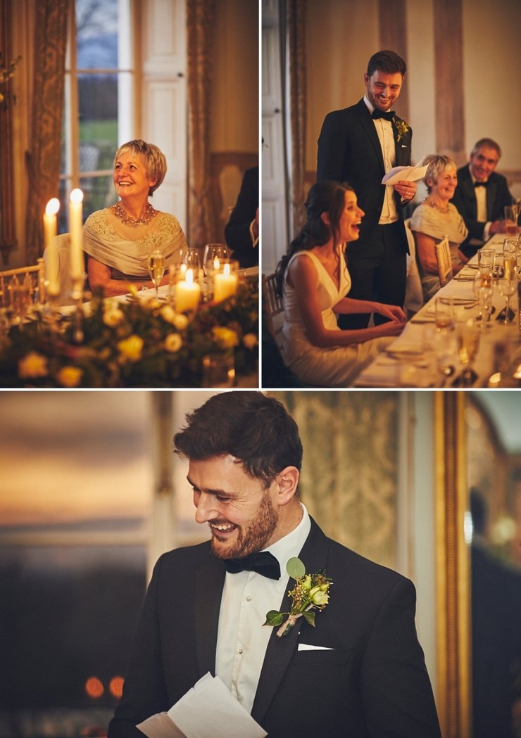 relaxed wedding photography of guests laughing during speeches at intimate winter wedding at Rockbeare Manor in Devon