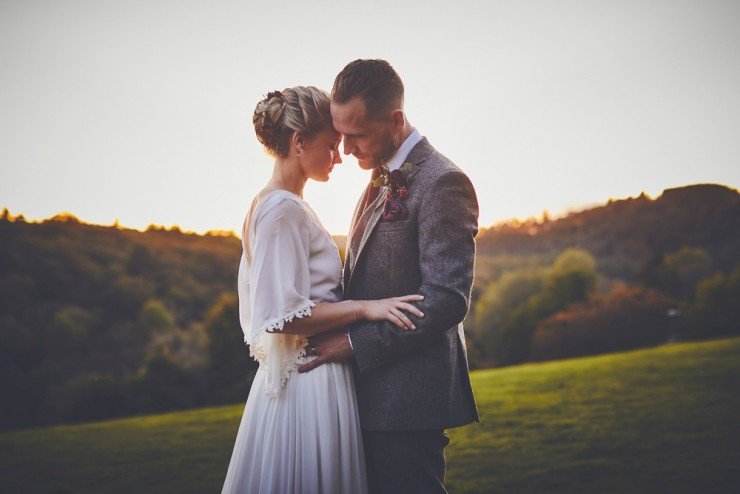 golden hour wedding photos of bride and groom at Autumn wedding at Hotel Endsleigh in Devon