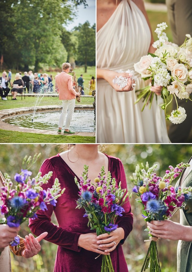 sax player Rockbeare Manor and wild flower bouquets at both wedding Devon