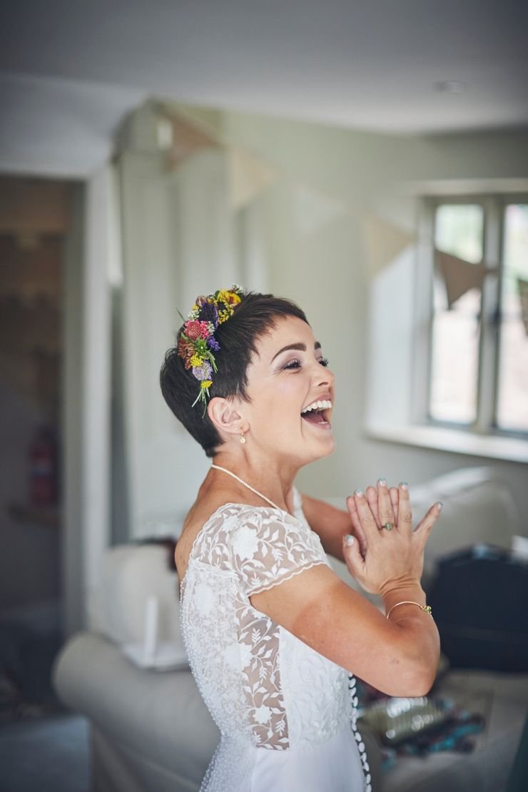 happy bride to be before Devon hand tying ceremony at West Town Farm 