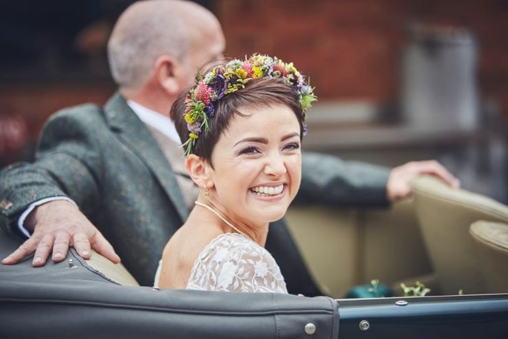 Bride arriving in wedding car to West Town farm Exeter