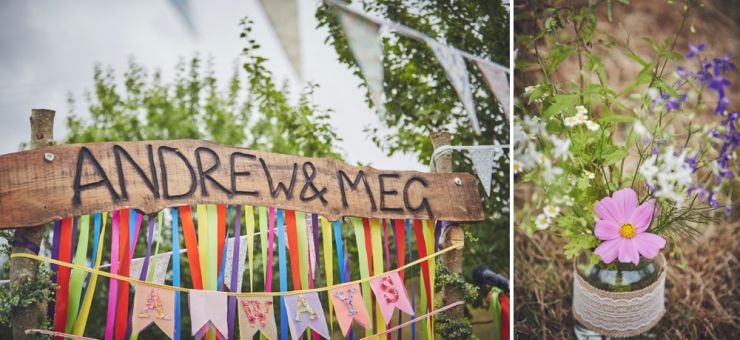 Wedding sign and wild flowers at West Town Farm in Devon