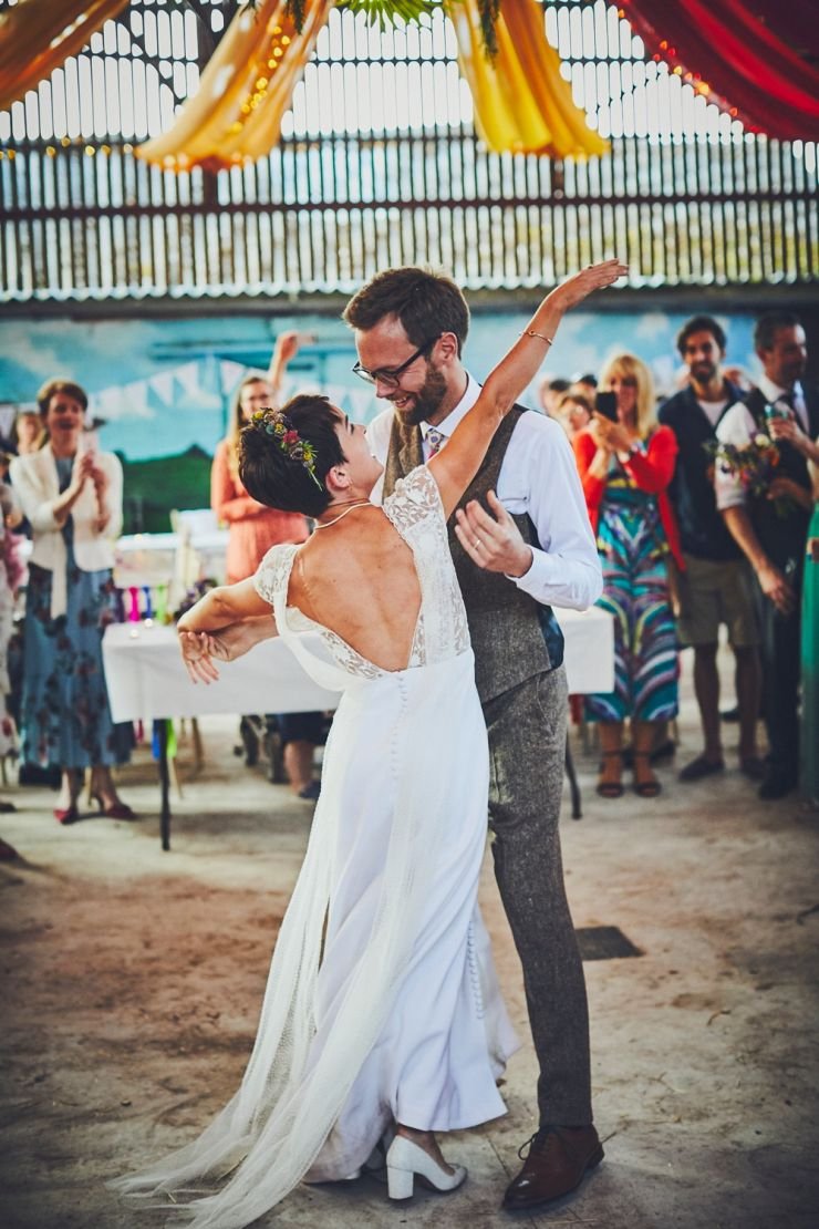 wedding couples crazy first dance at West Town Farm