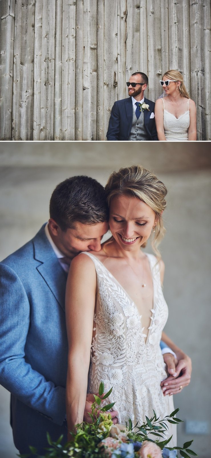 bride and groom in front of barn at the barn at south Milton
