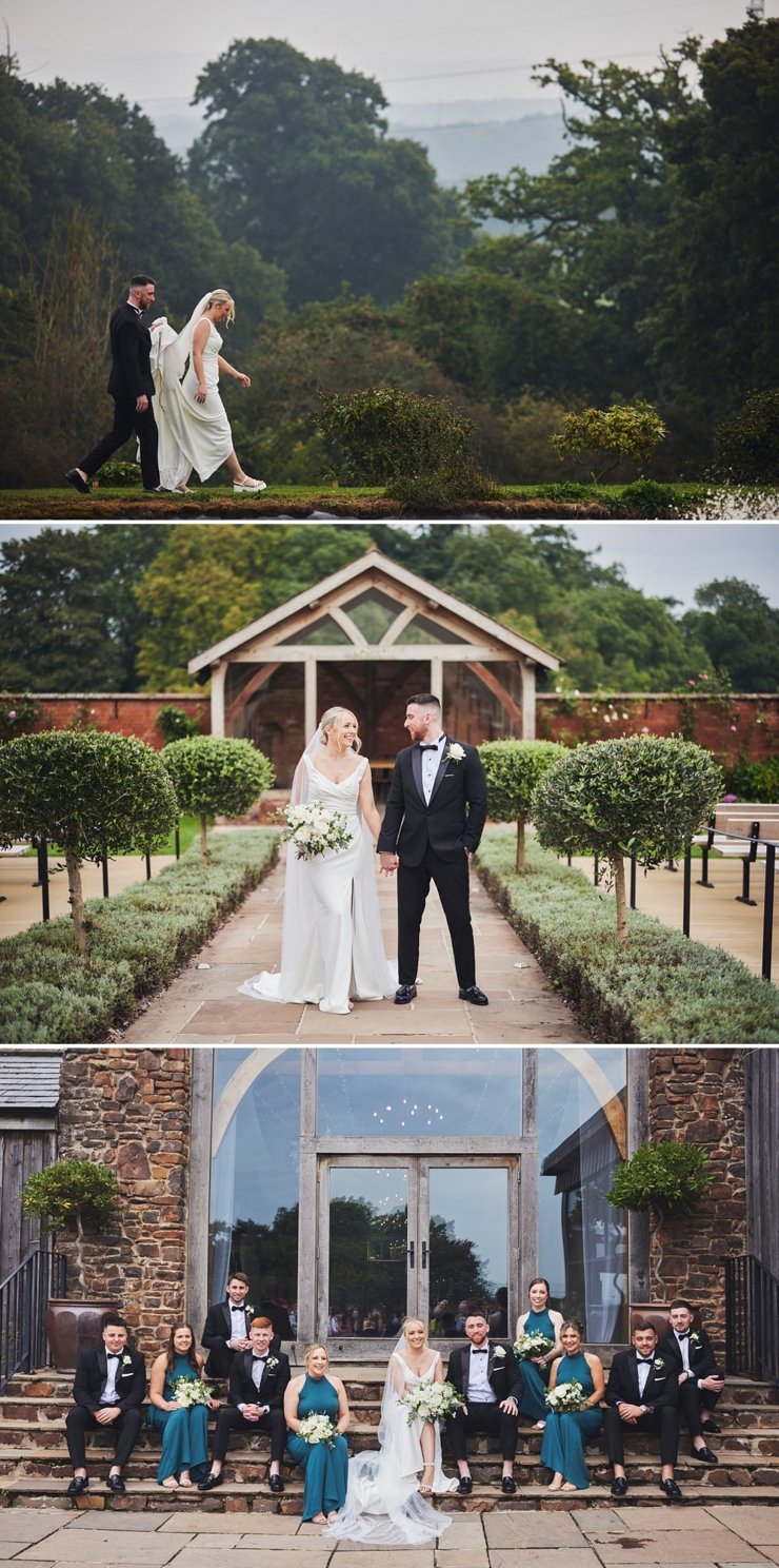 black tie wedding party portraits at upton barn and walled garden