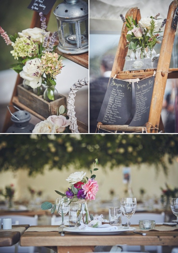 rustic ladder for table plan wedding styling in marquee in Devon