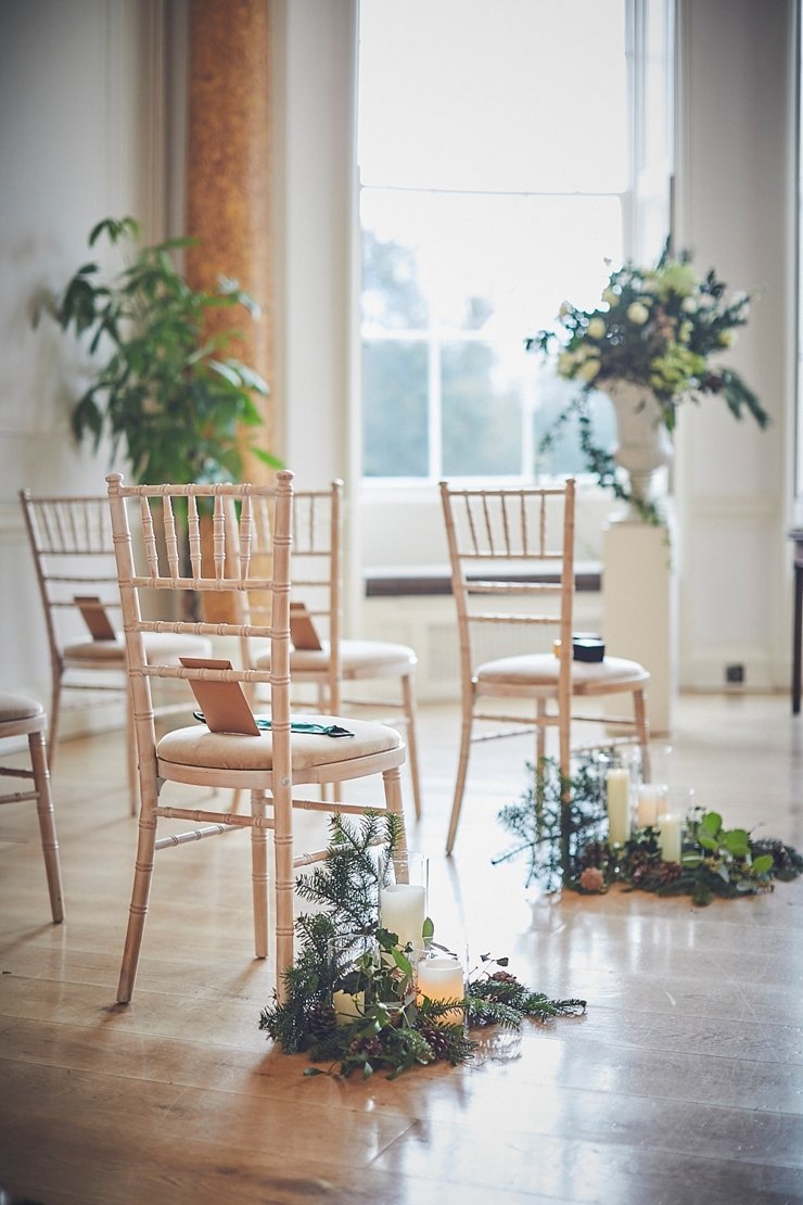ceremony styling at winter micro wedding at Rockbeare manor Devon